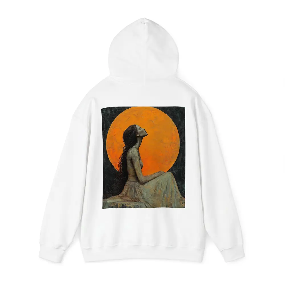 Woman Sitting Before Glowing Orange Moon – Hoodies