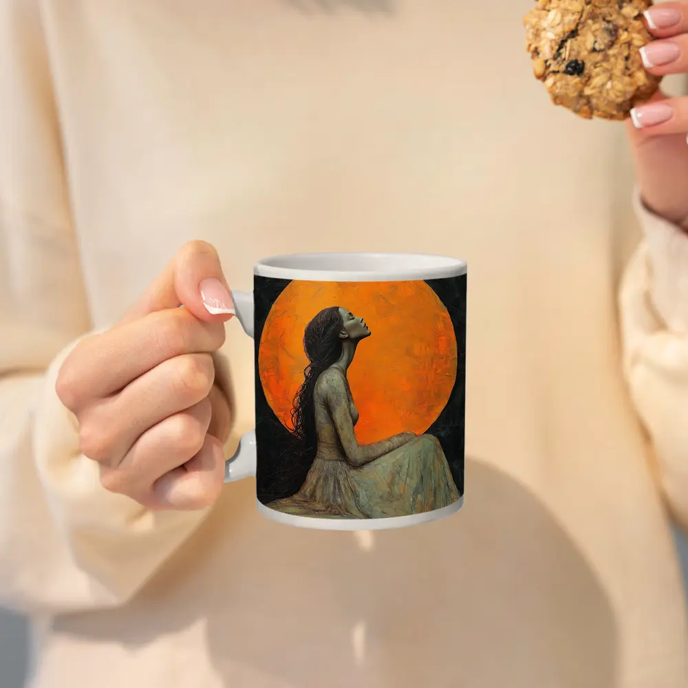 Woman Sitting Before Glowing Orange Moon – Mugs