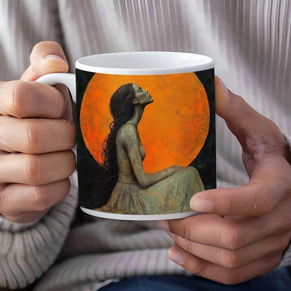 Woman Sitting Before Glowing Orange Moon – Mugs