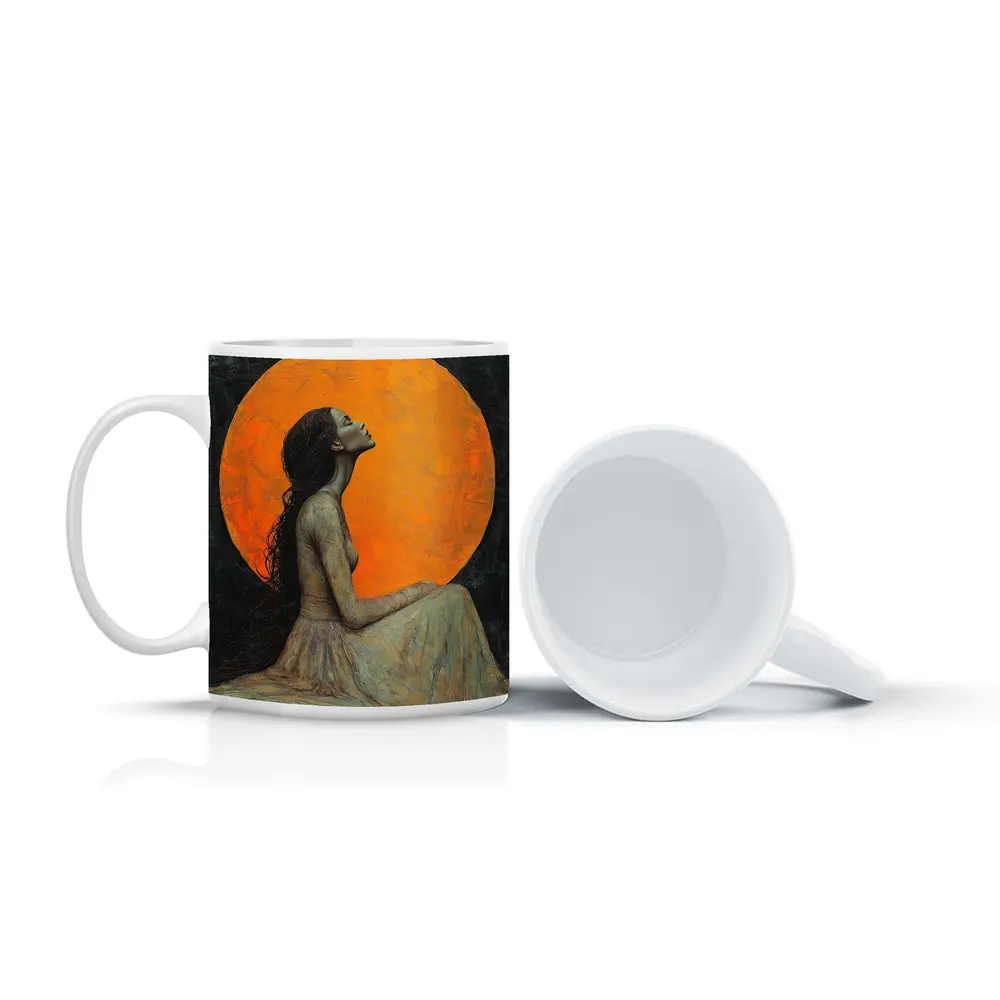 Woman Sitting Before Glowing Orange Moon – Mugs