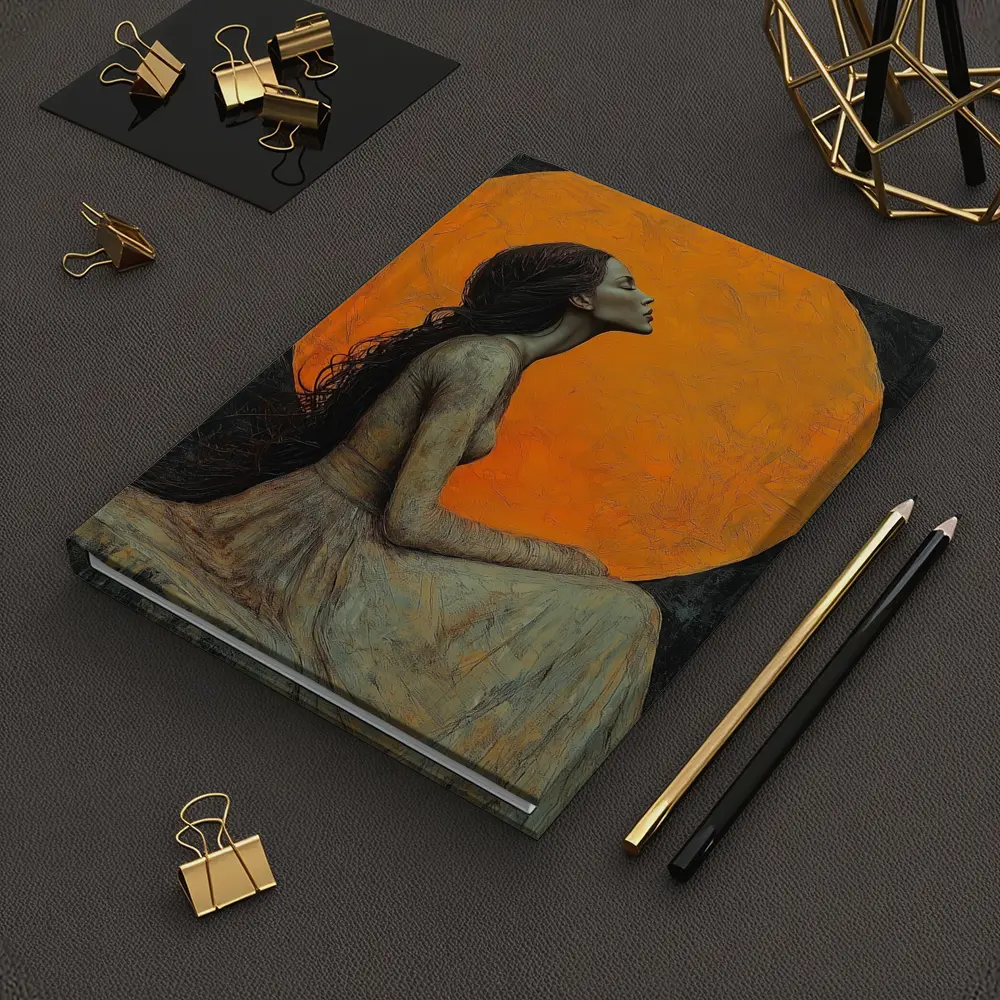 Woman Sitting Before Glowing Orange Moon – Notebooks