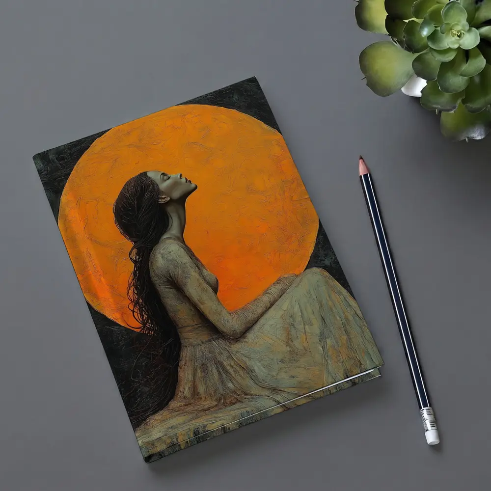 Woman Sitting Before Glowing Orange Moon – Notebooks