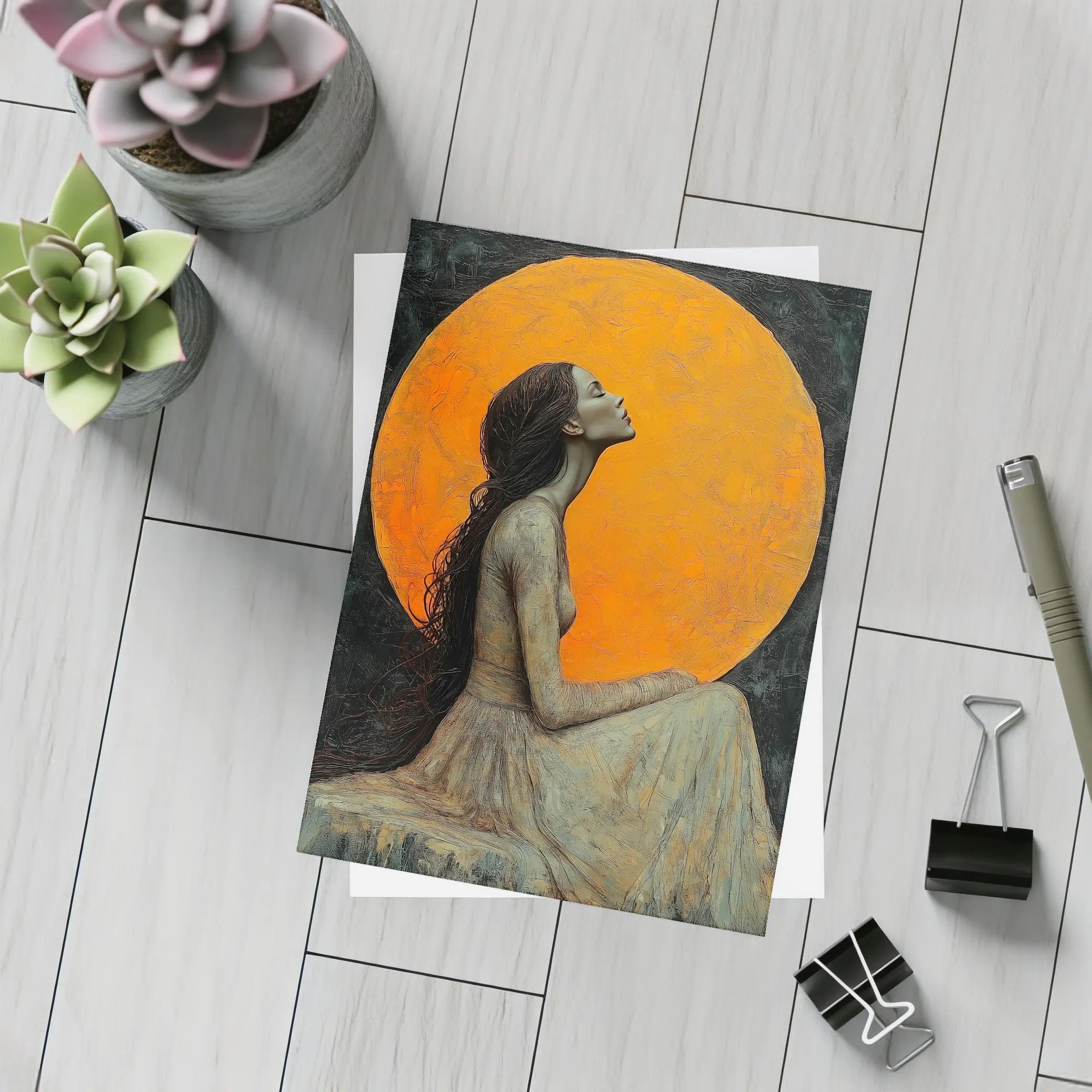 Woman Sitting Before Glowing Orange Moon – Postcards
