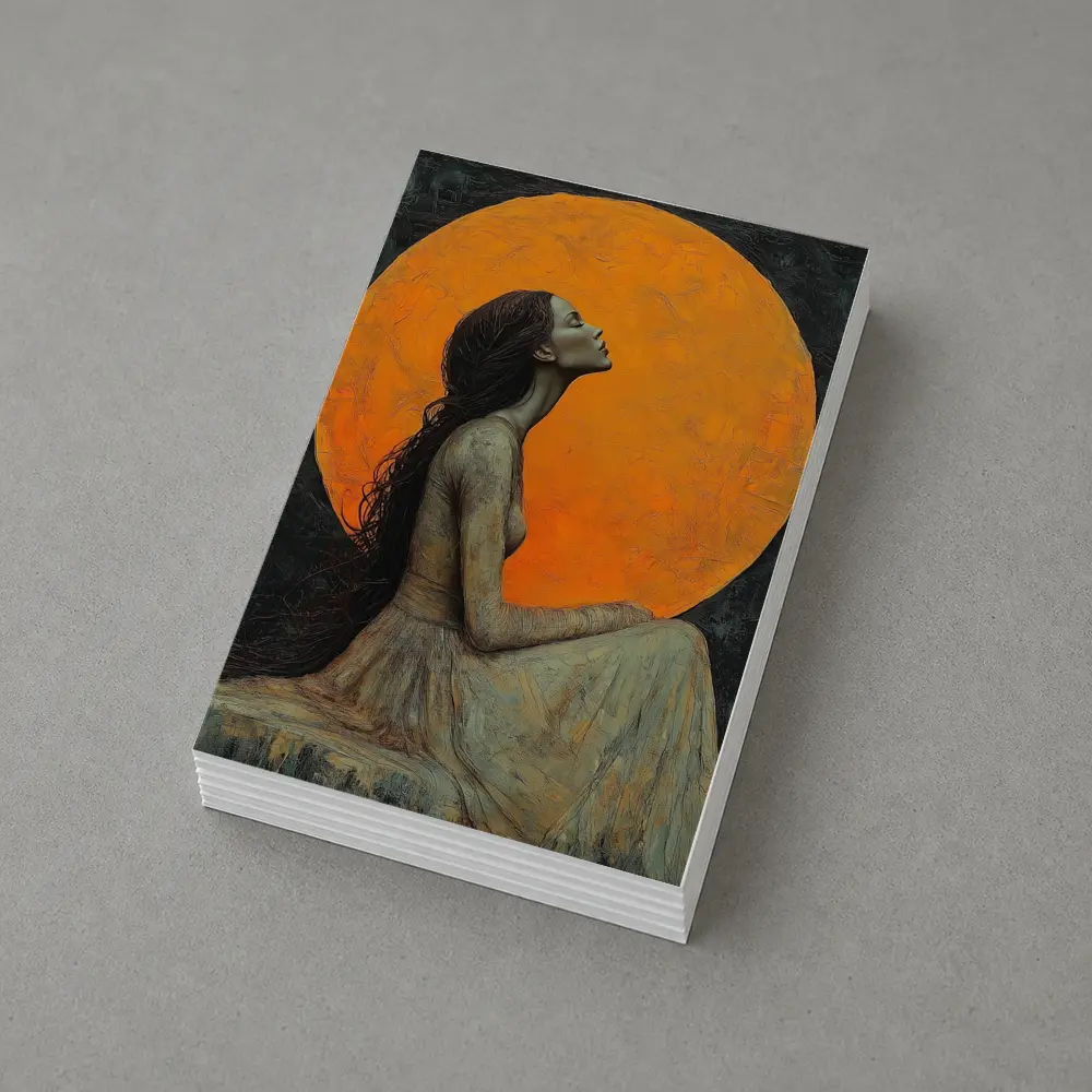 Woman Sitting Before Glowing Orange Moon – Postcards
