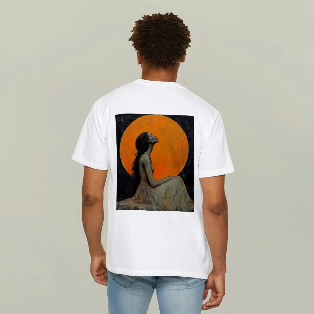 Woman Sitting Before Glowing Orange Moon – T-Shirts