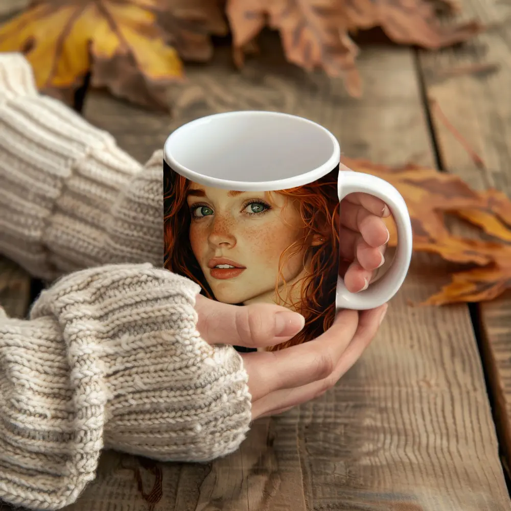 Red Hair Green Eyes Freckles Portrait Art – Mugs