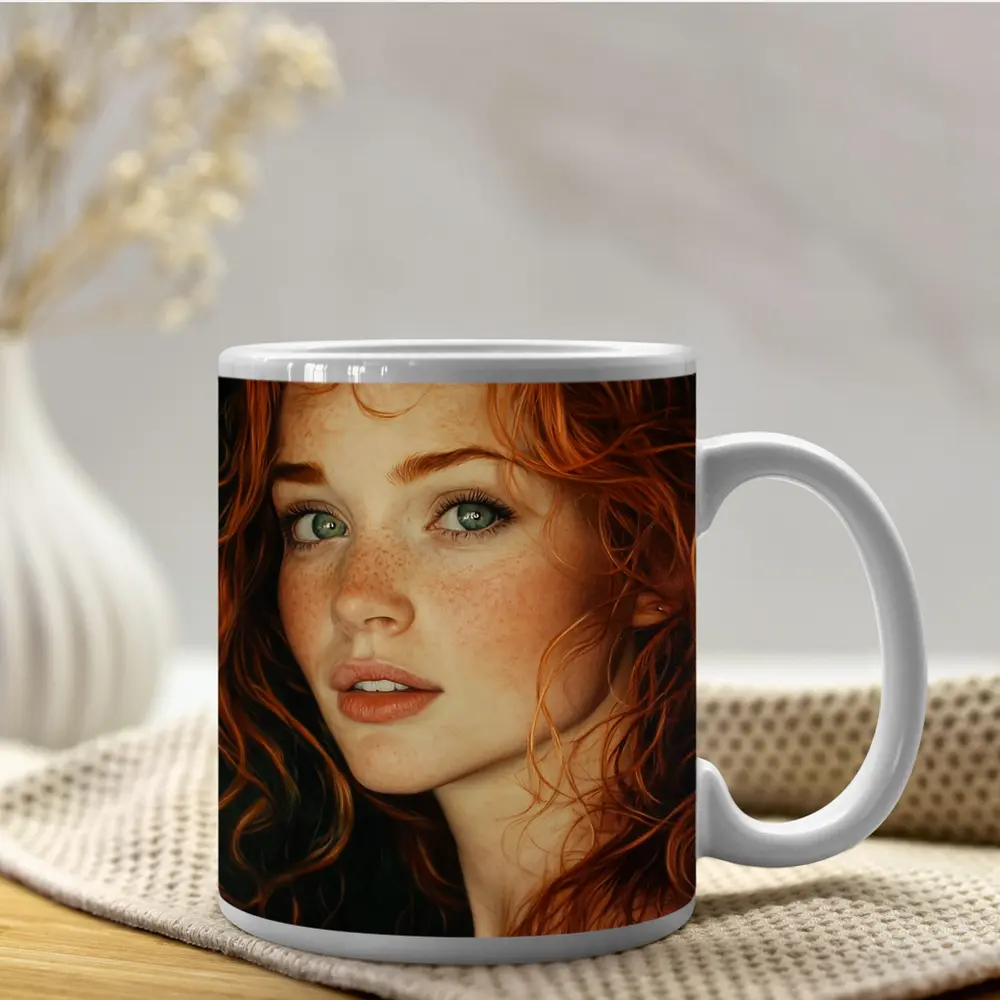 Red Hair Green Eyes Freckles Portrait Art – Mugs