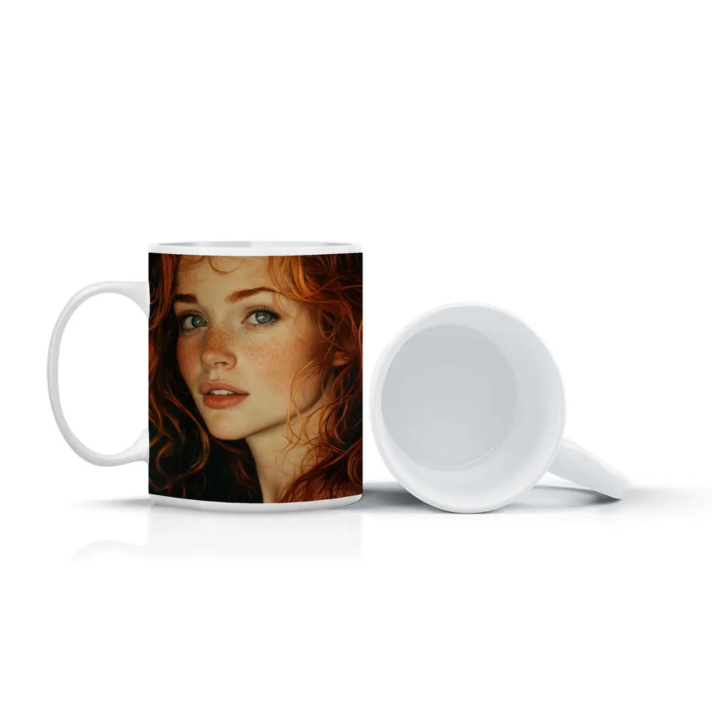 Red Hair Green Eyes Freckles Portrait Art – Mugs