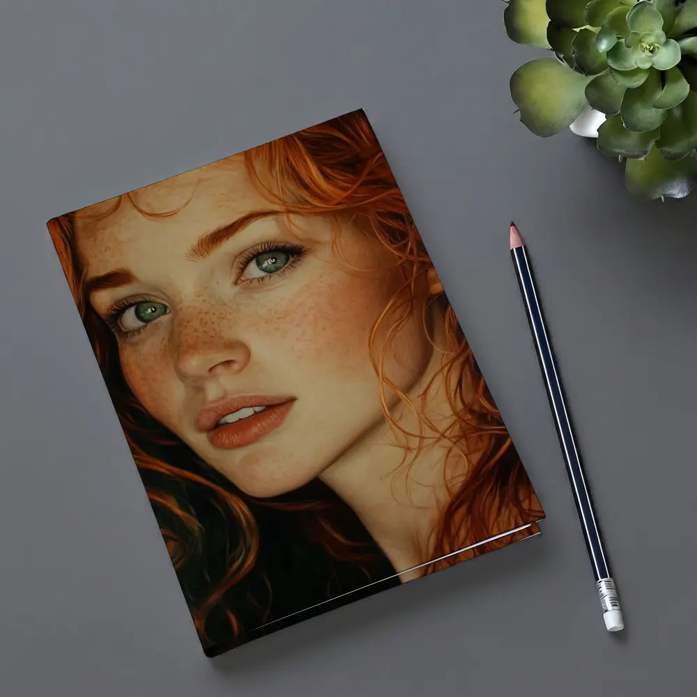 Red Hair Green Eyes Freckles Portrait Art – Notebooks