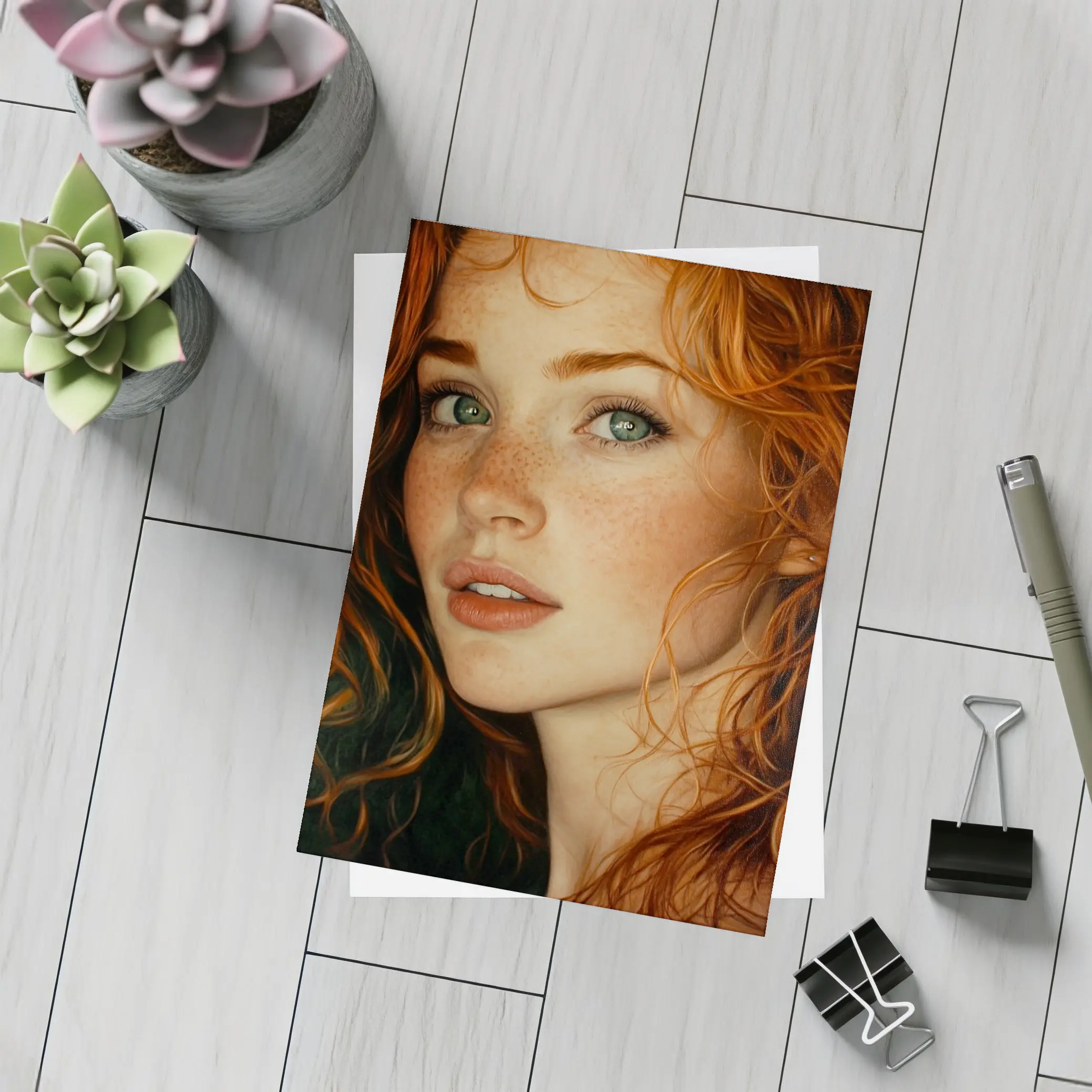 Red Hair Green Eyes Freckles Portrait Art – Postcards