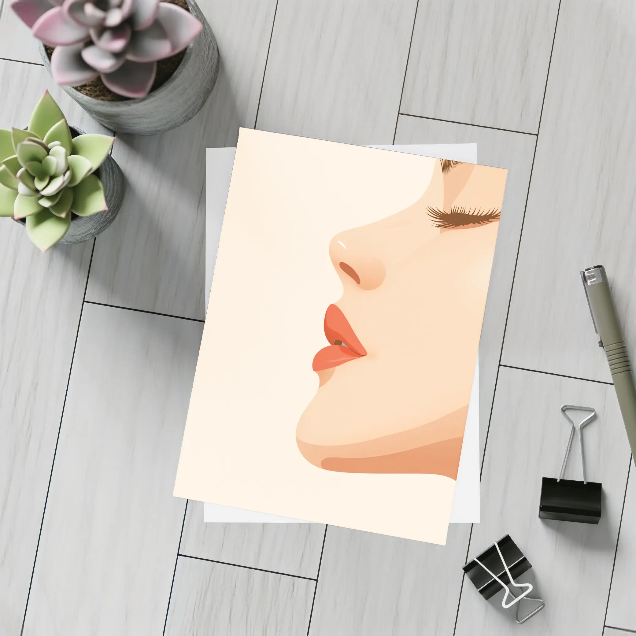 Woman Side Profile Red Lips Minimal Art – Postcards
