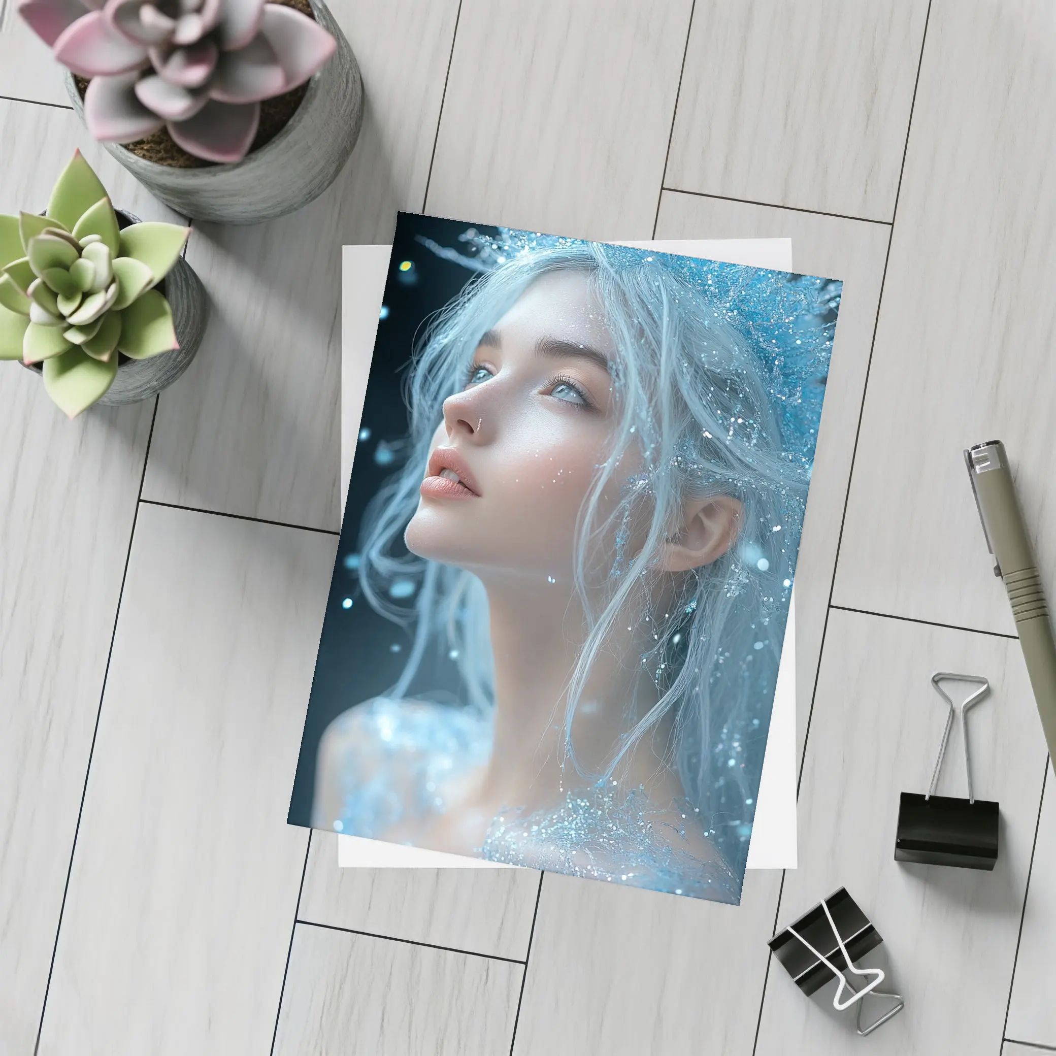 Ice Queen Fantasy Portrait Blue Glitter – Postcards