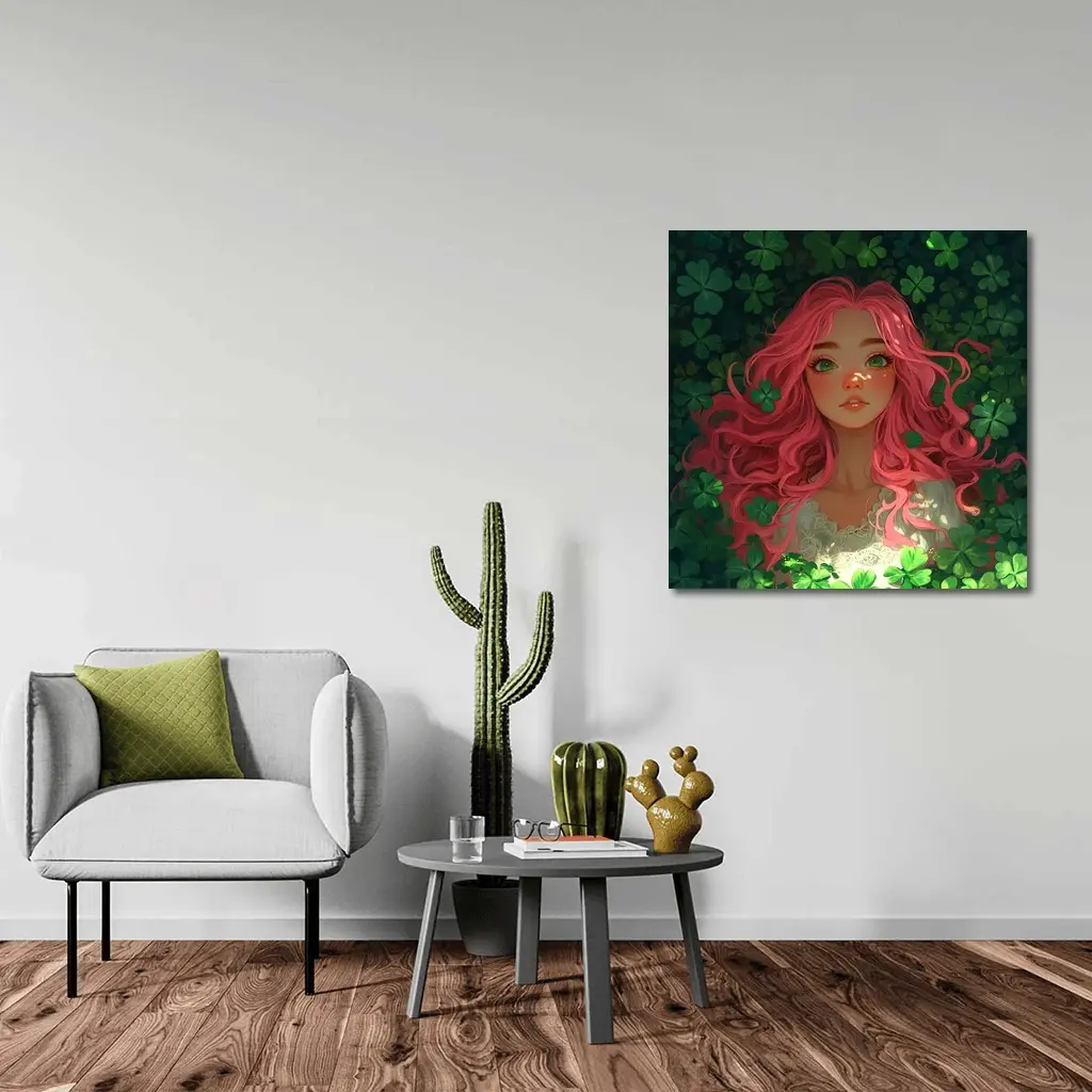 Pink Hair Girl Surrounded by Green Clovers – Wall Art