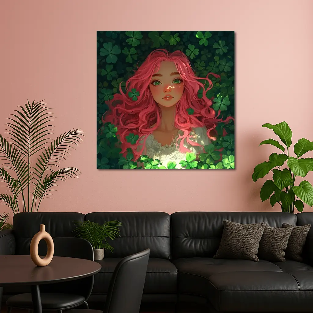 Pink Hair Girl Surrounded by Green Clovers – Wall Art