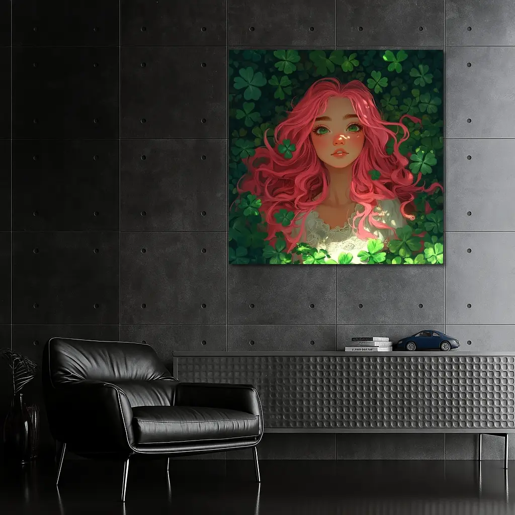 Pink Hair Girl Surrounded by Green Clovers – Wall Art