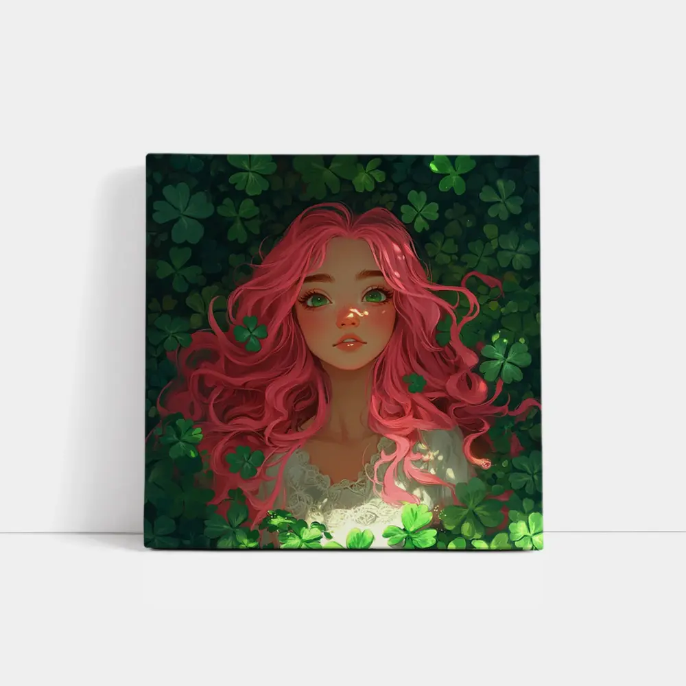 Pink Hair Girl Surrounded by Green Clovers – Wall Art
