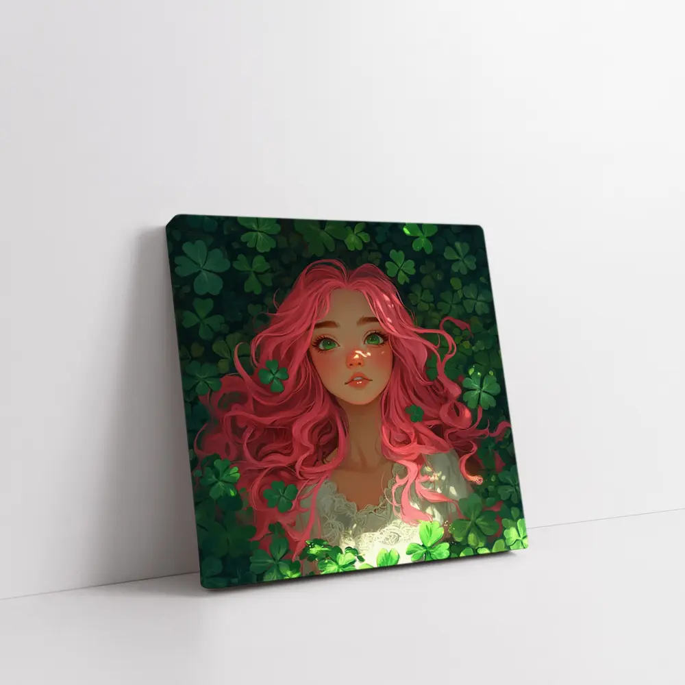 Pink Hair Girl Surrounded by Green Clovers – Wall Art