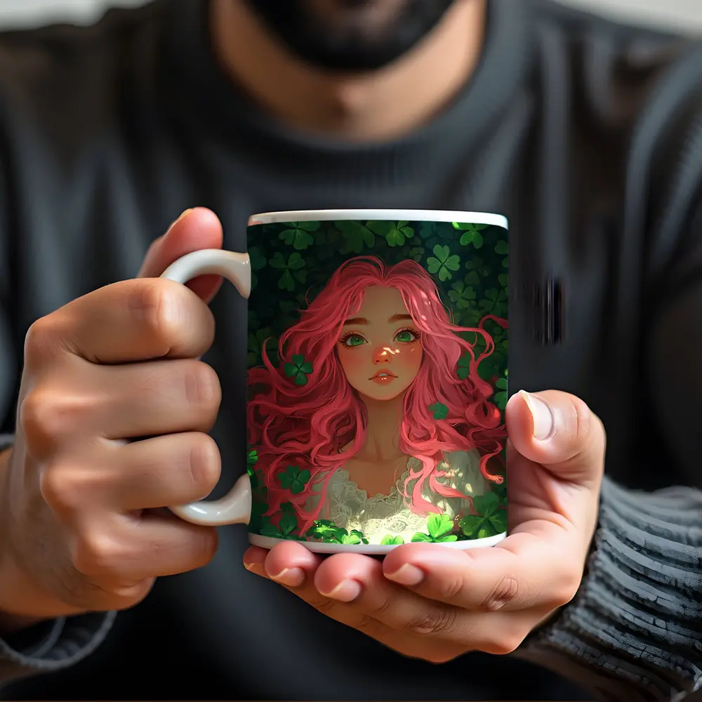 Pink Hair Girl Surrounded by Green Clovers – Mugs
