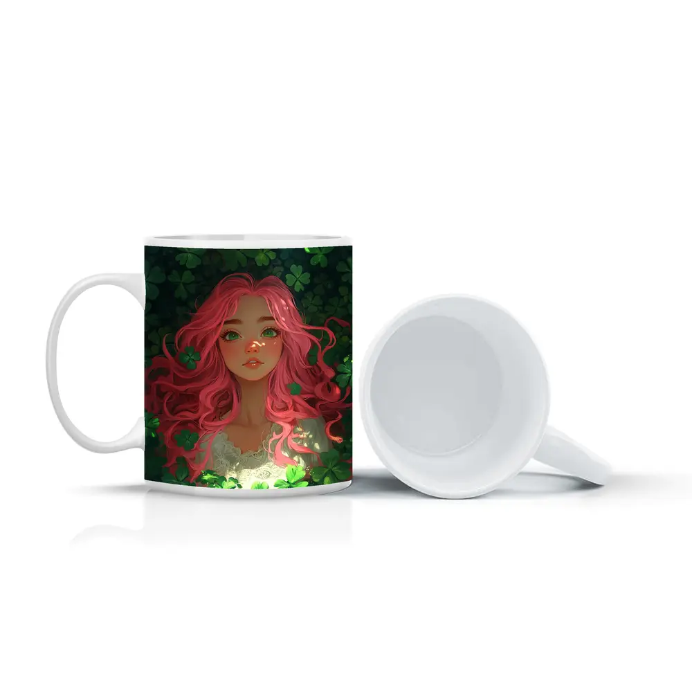 Pink Hair Girl Surrounded by Green Clovers – Mugs