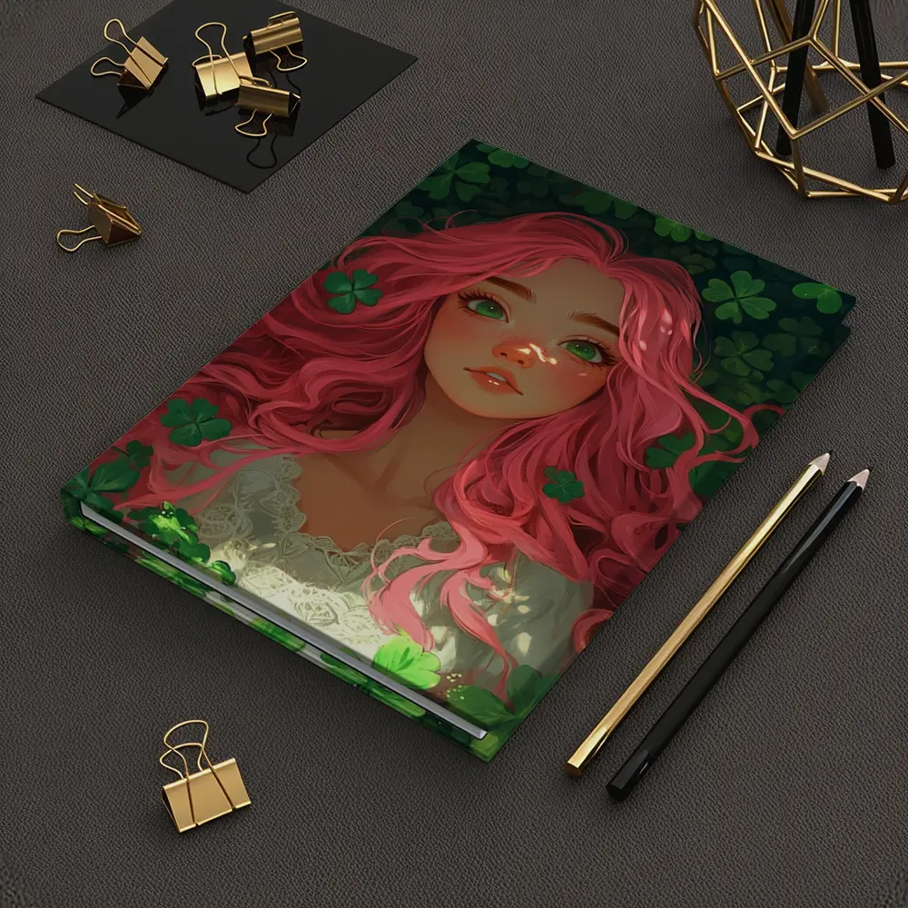 Pink Hair Girl Surrounded by Green Clovers – Notebooks
