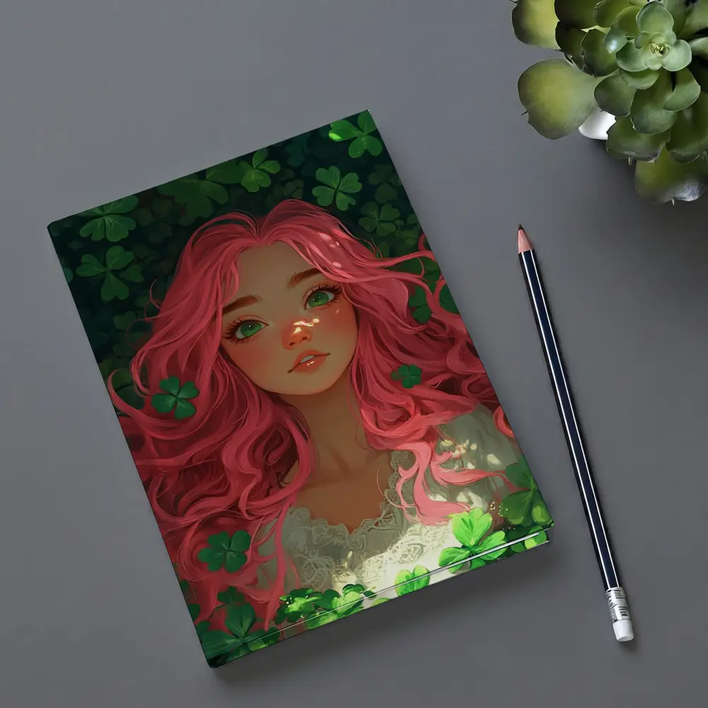 Pink Hair Girl Surrounded by Green Clovers – Notebooks