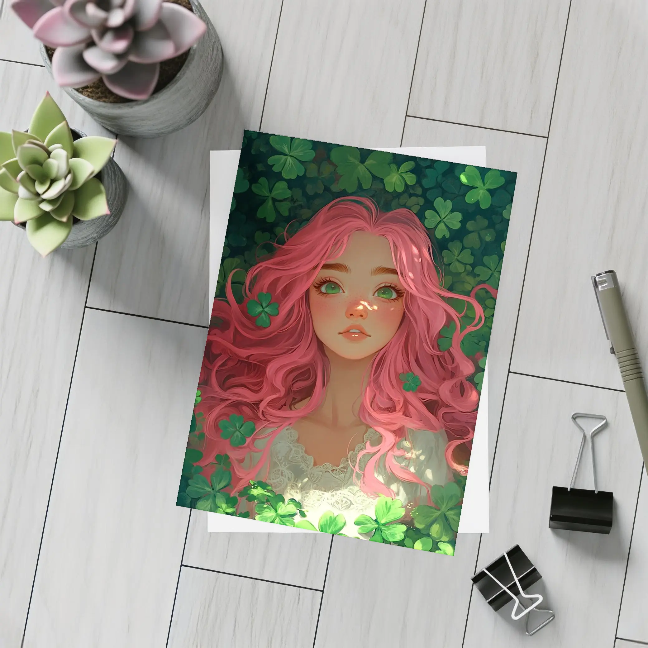 Pink Hair Girl Surrounded by Green Clovers – Postcards