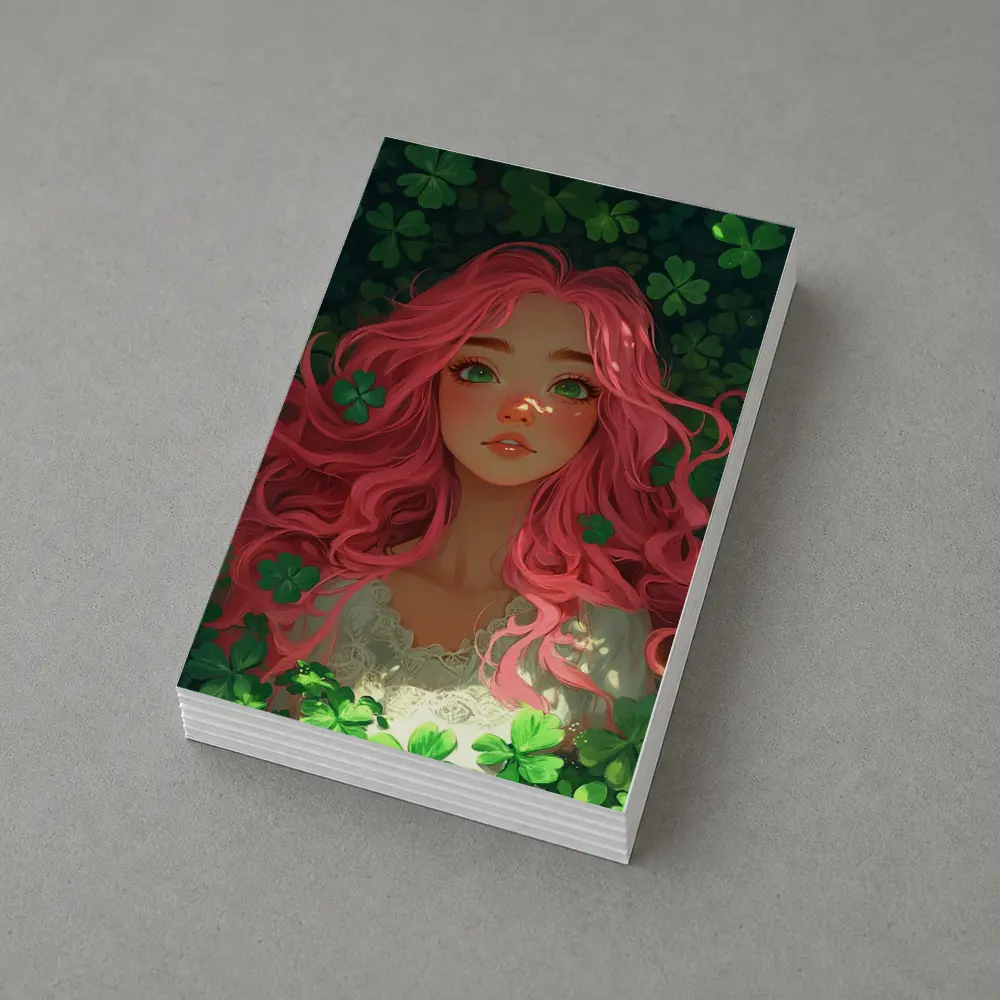 Pink Hair Girl Surrounded by Green Clovers – Postcards