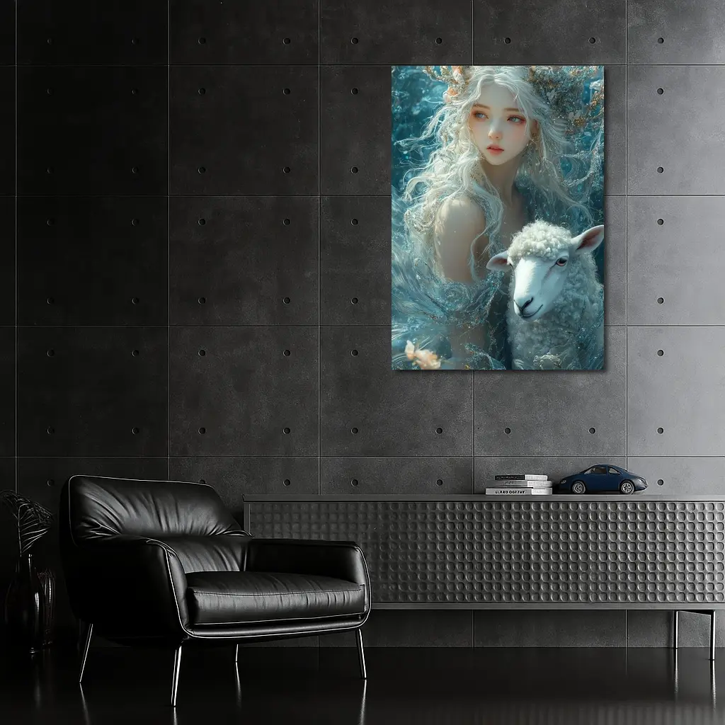 Fantasy Girl With Sheep Underwater Blue – Wall Art