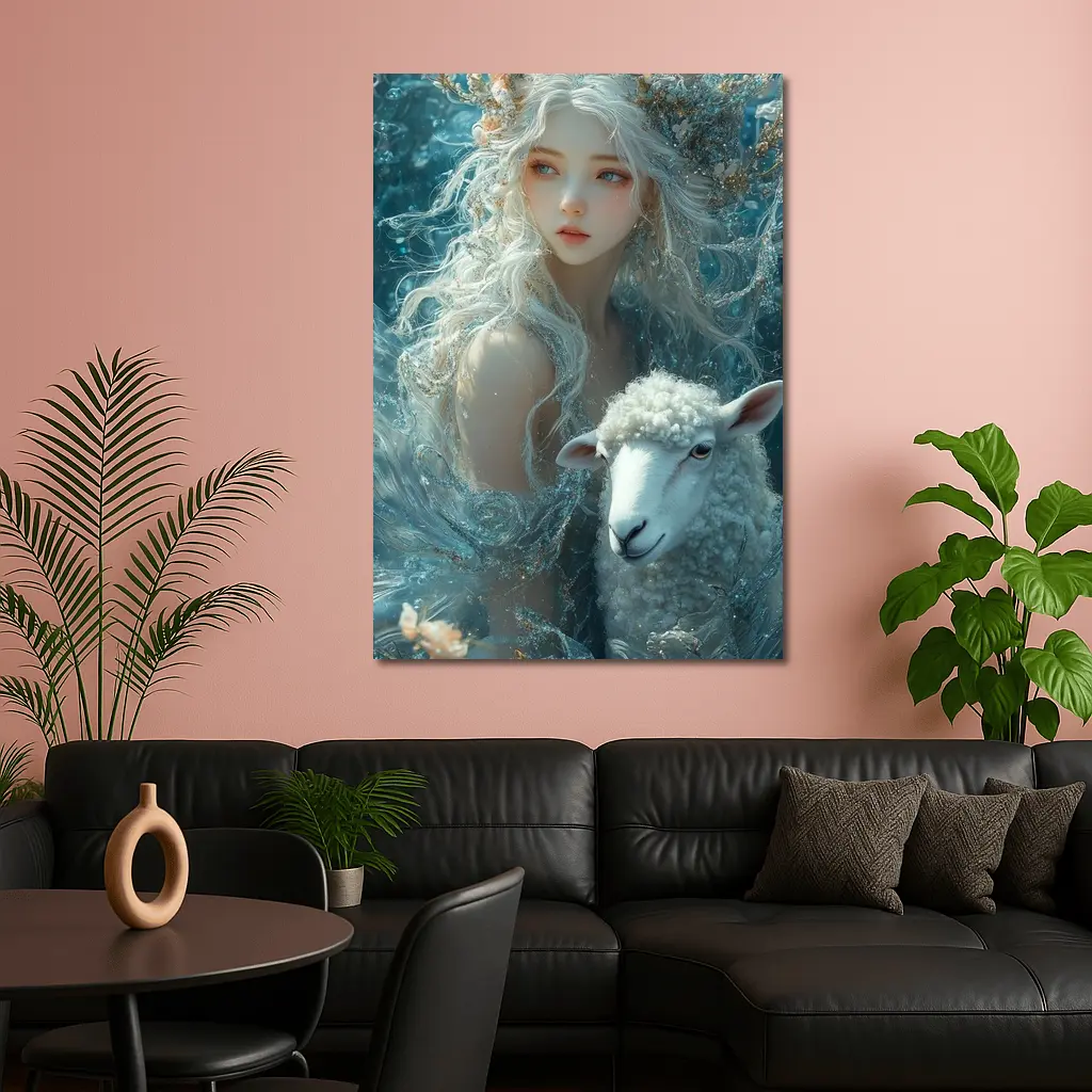 Fantasy Girl With Sheep Underwater Blue – Wall Art