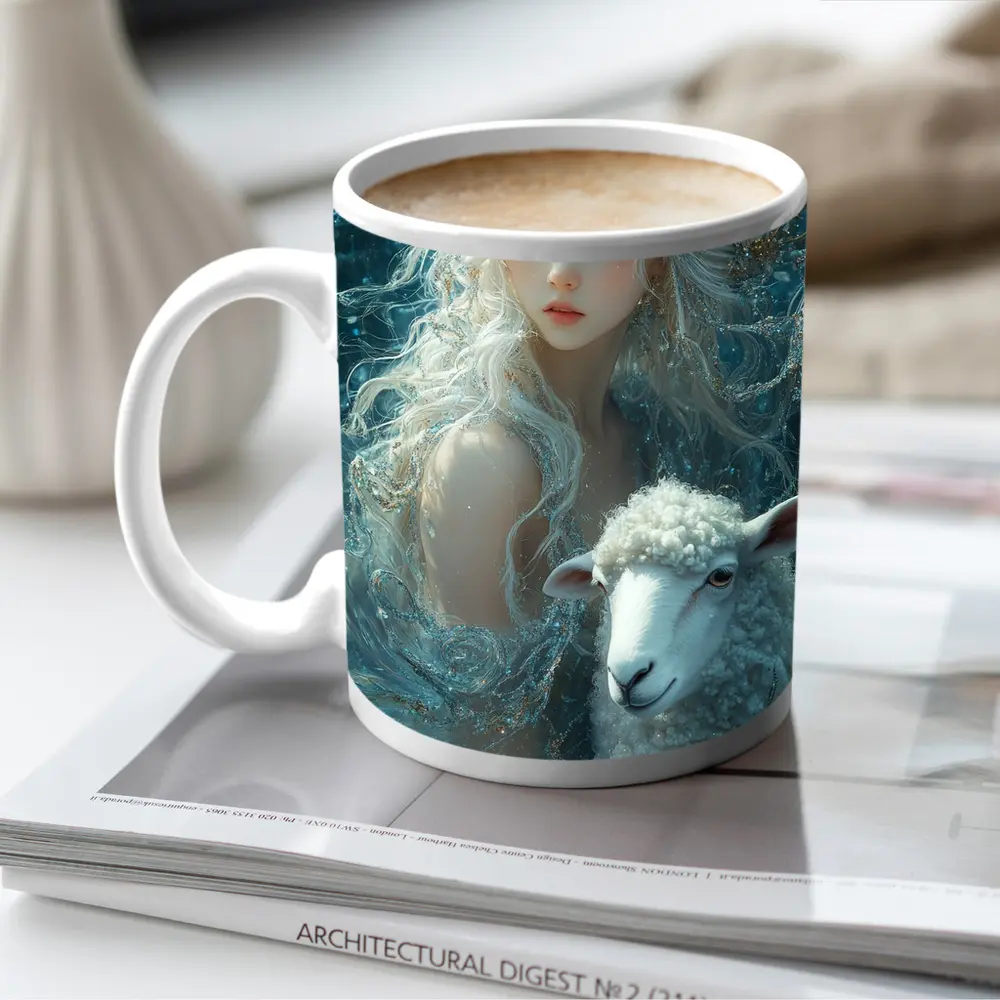 Fantasy Girl With Sheep Underwater Blue – Mugs