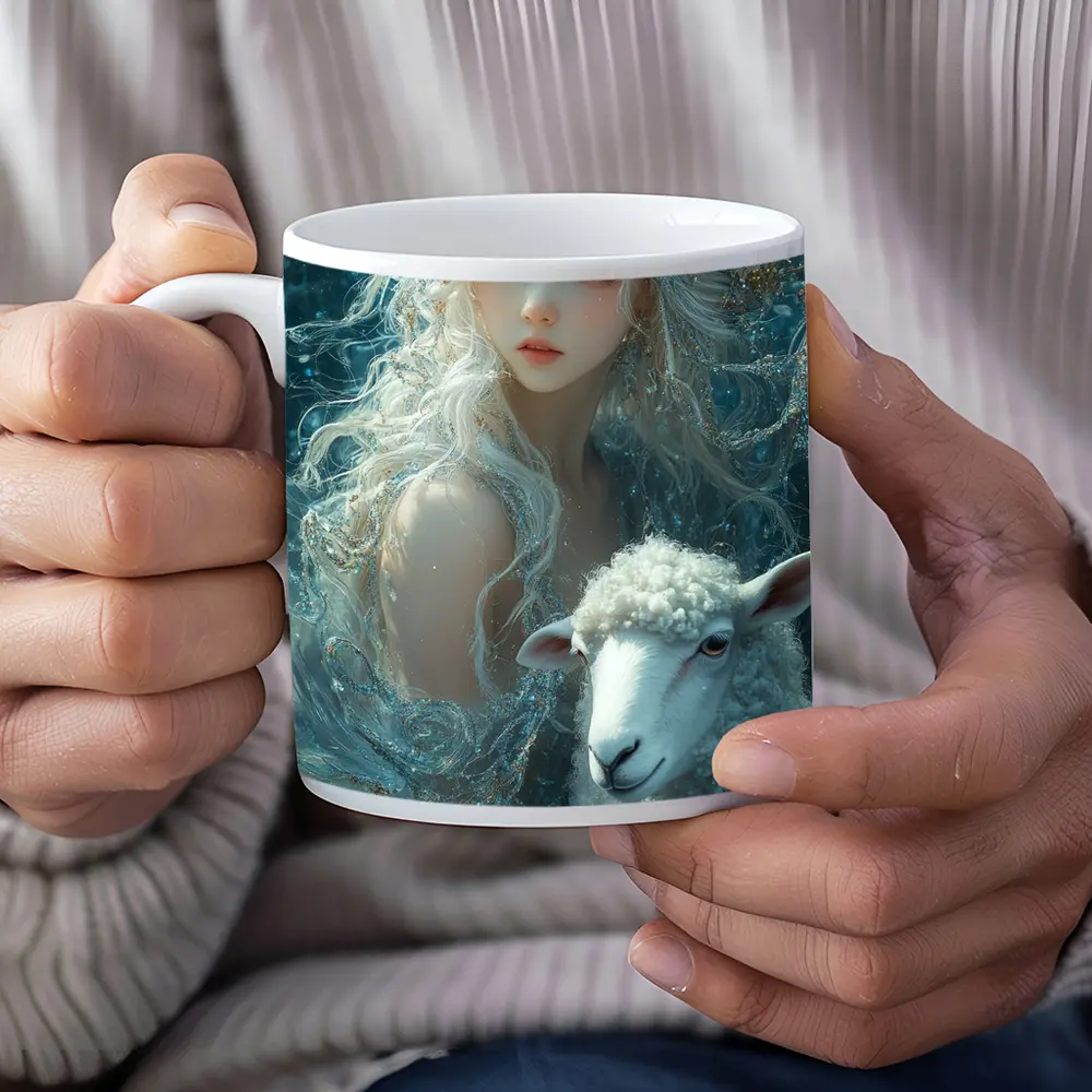 Fantasy Girl With Sheep Underwater Blue – Mugs