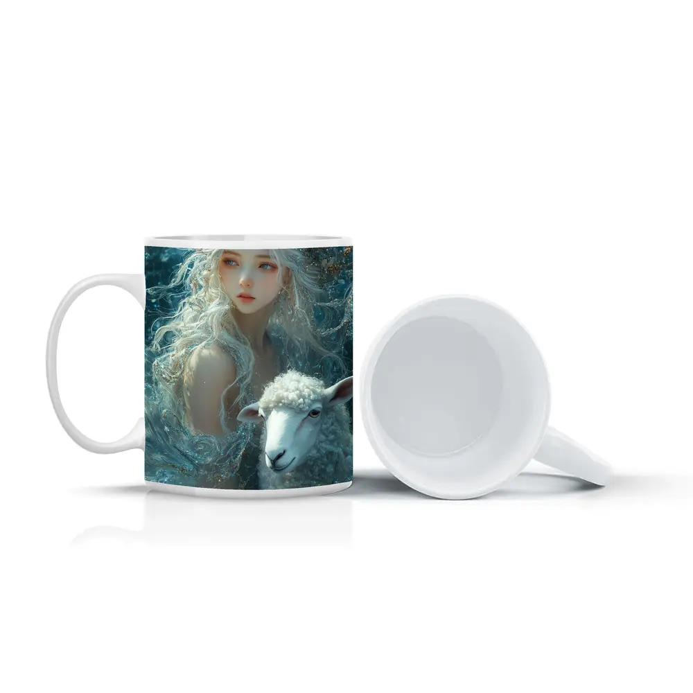 Fantasy Girl With Sheep Underwater Blue – Mugs