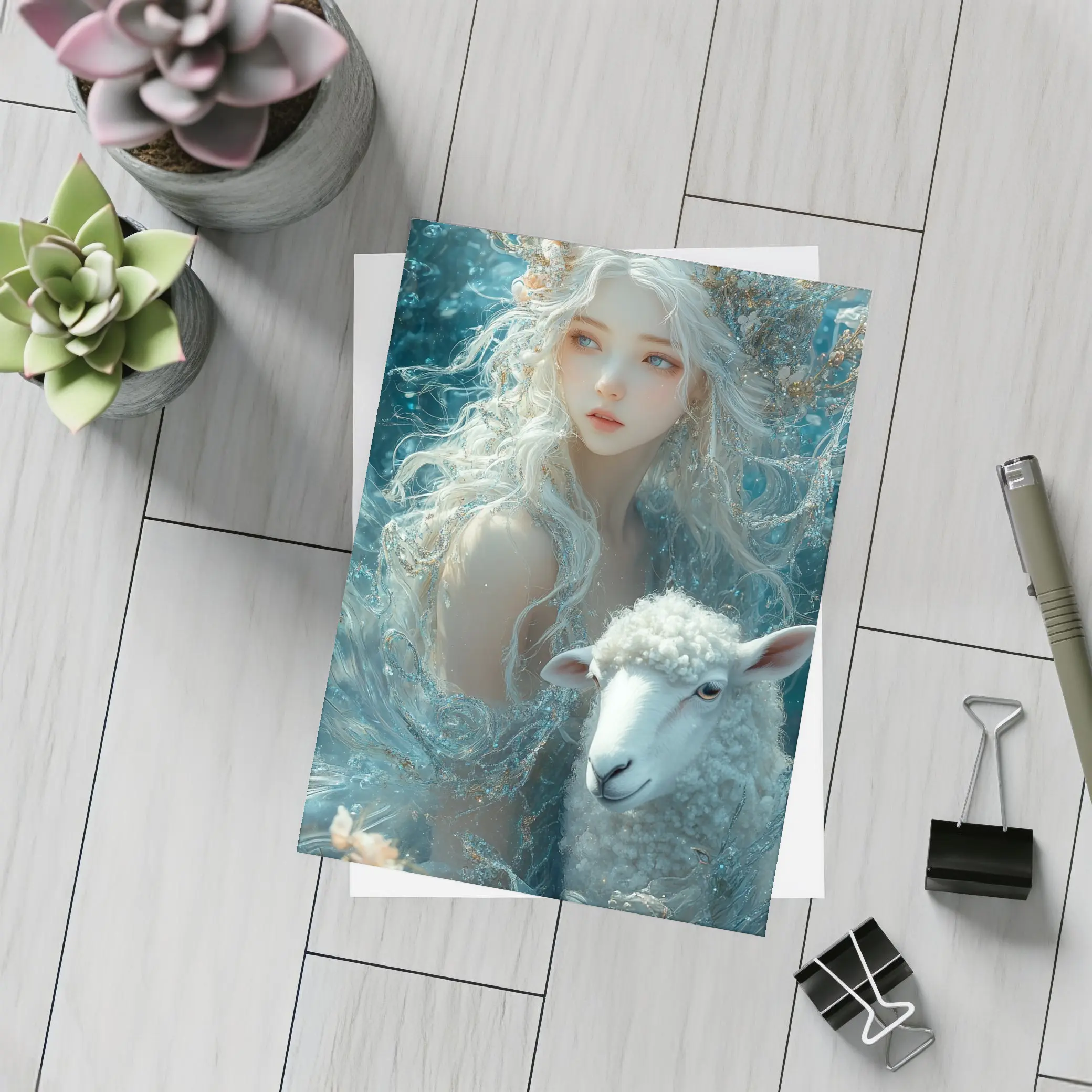 Fantasy Girl With Sheep Underwater Blue – Postcards