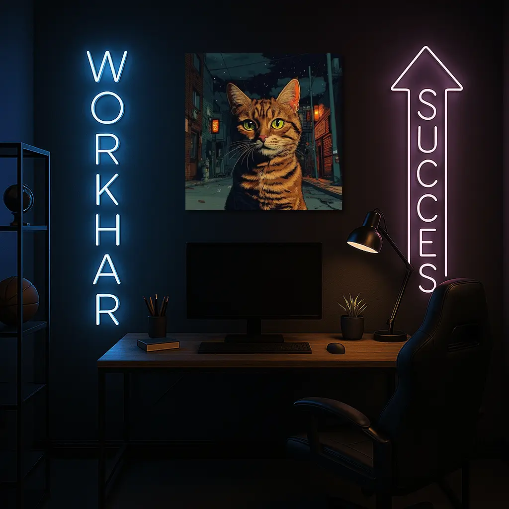 Orange Tabby Cat Night City Street – Wall Art