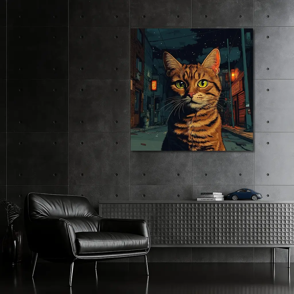 Orange Tabby Cat Night City Street – Wall Art