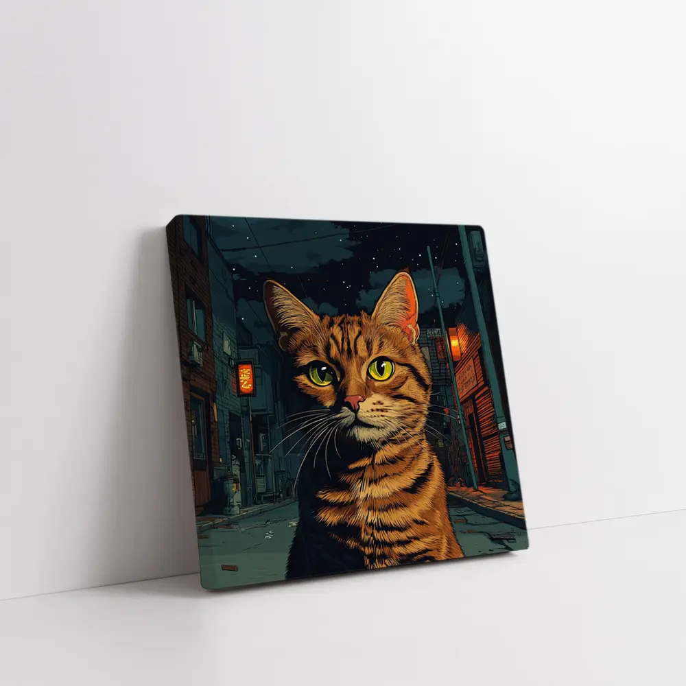 Orange Tabby Cat Night City Street – Wall Art