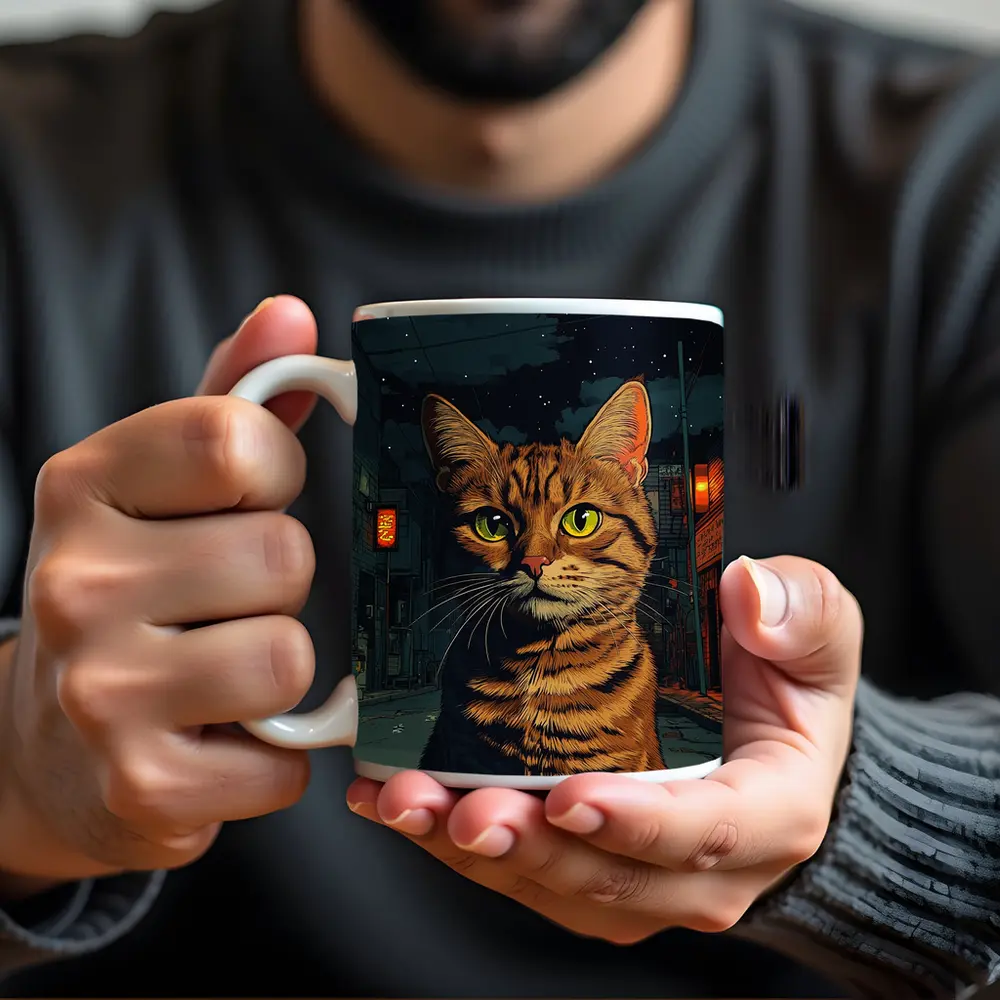 Orange Tabby Cat Night City Street – Mugs