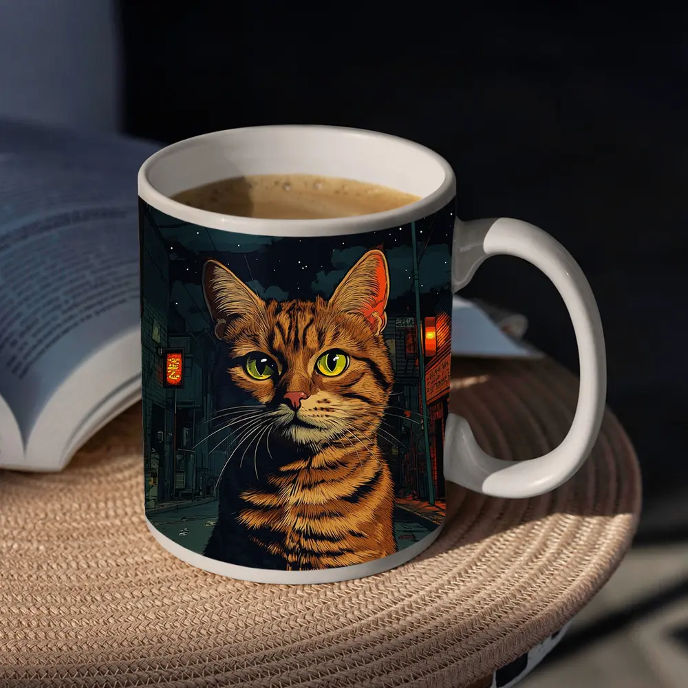 Orange Tabby Cat Night City Street – Mugs
