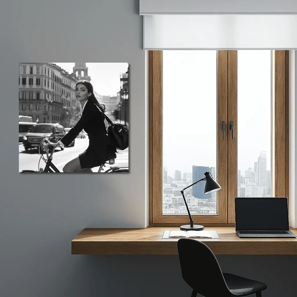 Elegant Woman Cycling Black and White City – Wall Art