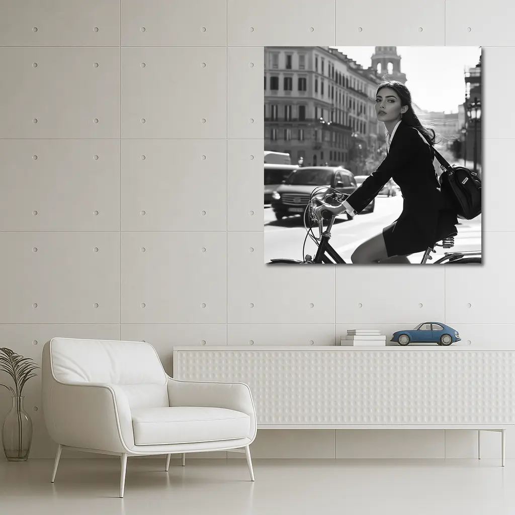 Elegant Woman Cycling Black and White City – Wall Art