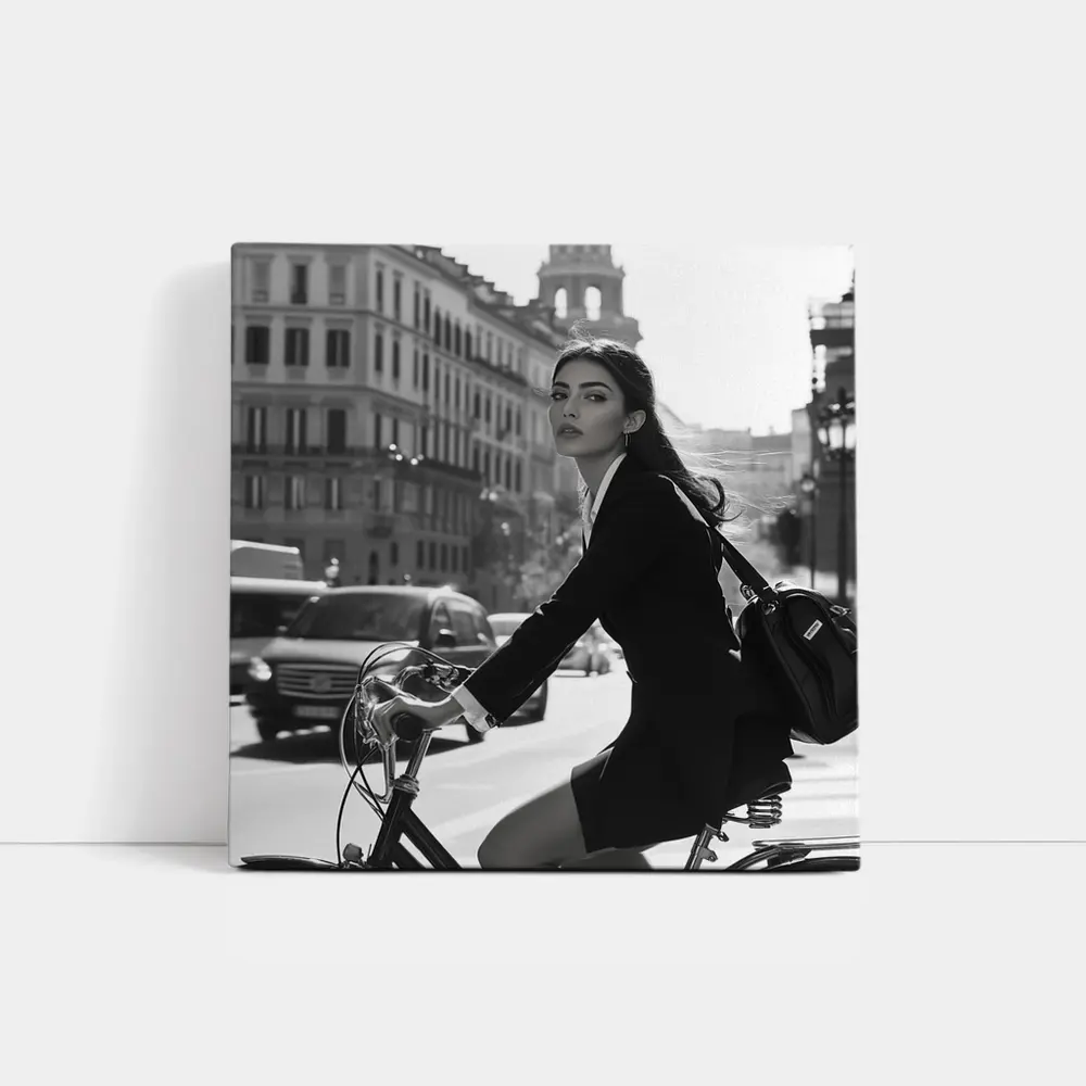 Elegant Woman Cycling Black and White City – Wall Art