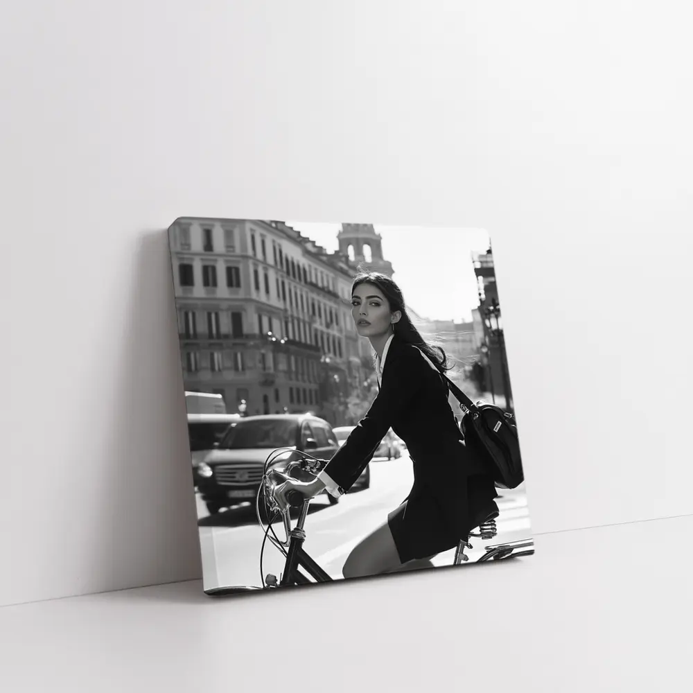 Elegant Woman Cycling Black and White City – Wall Art