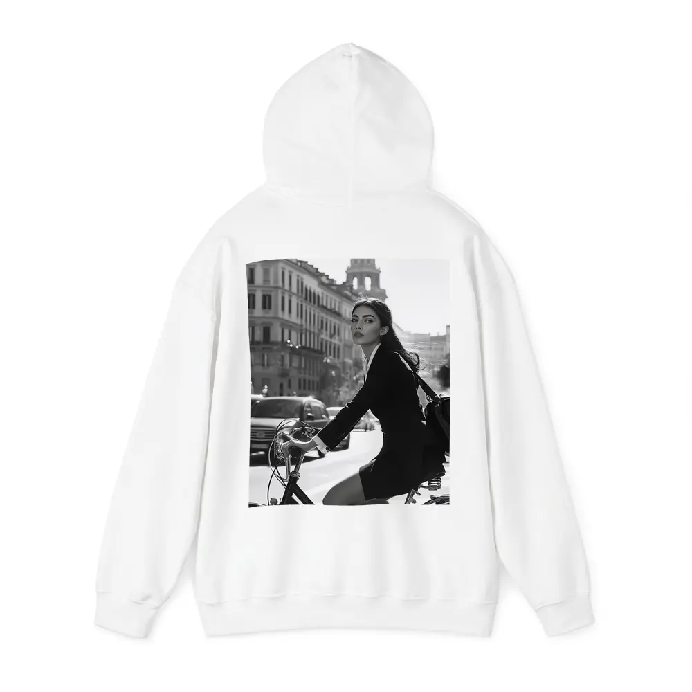 Elegant Woman Cycling Black and White City – Hoodies