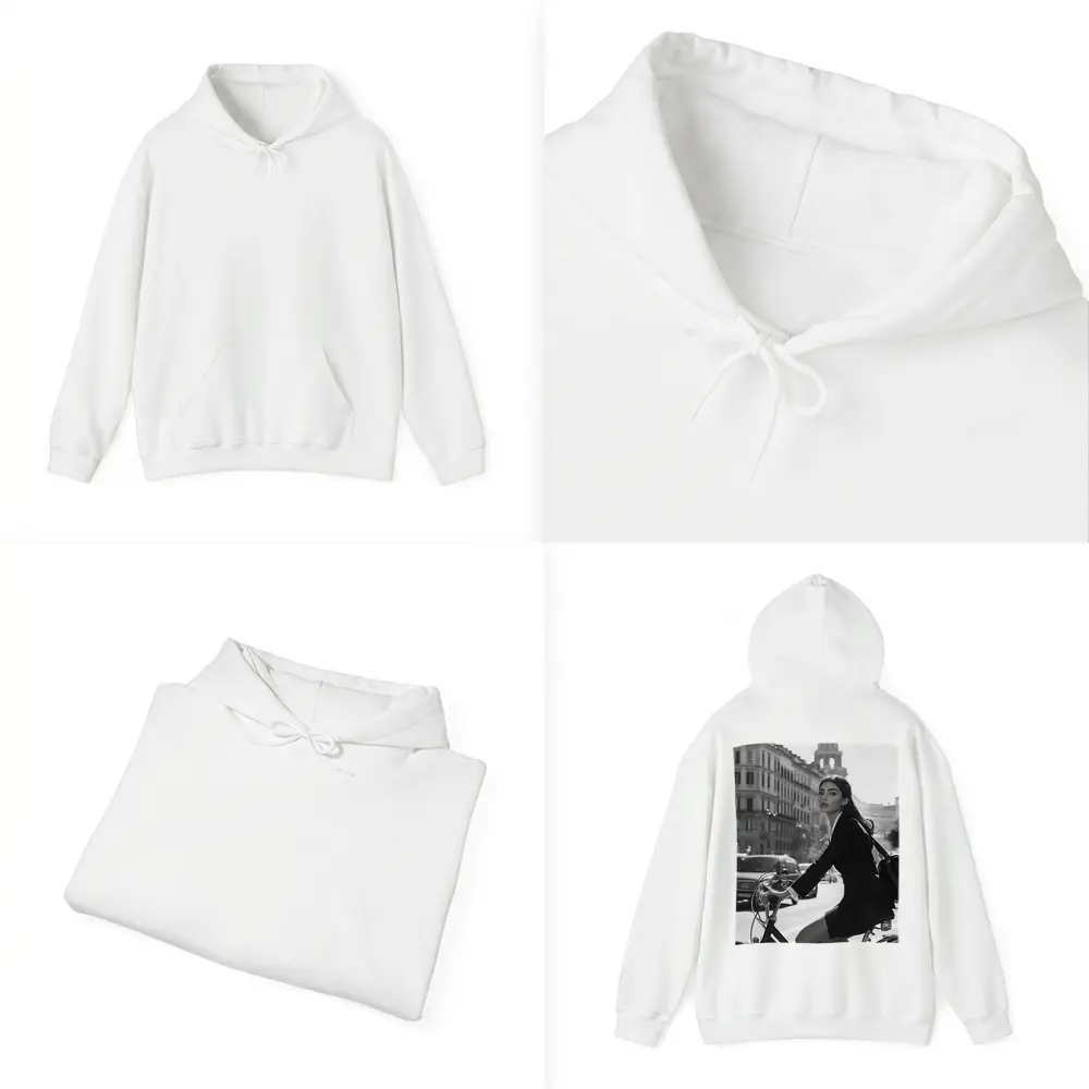 Elegant Woman Cycling Black and White City – Hoodies