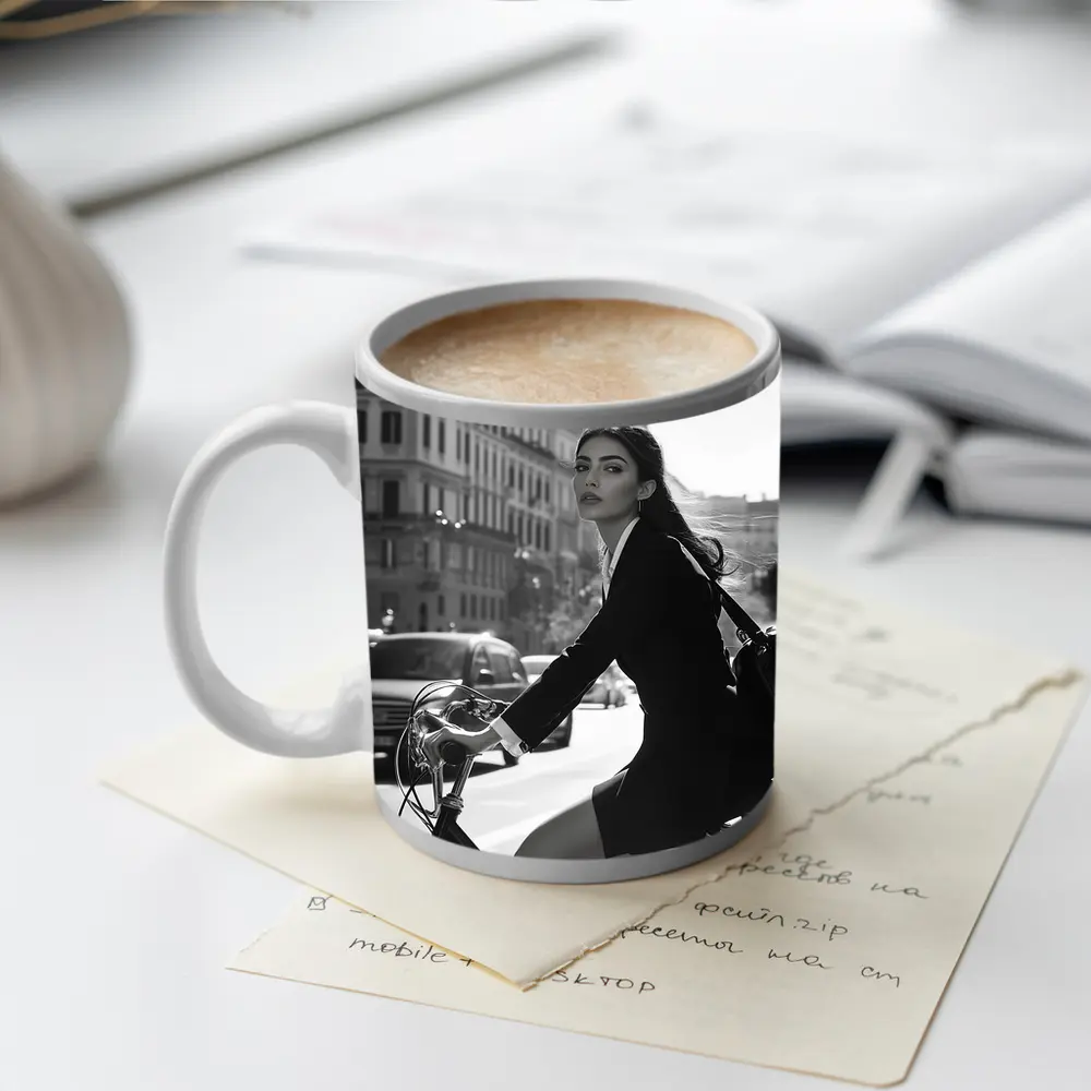 Elegant Woman Cycling Black and White City – Mugs