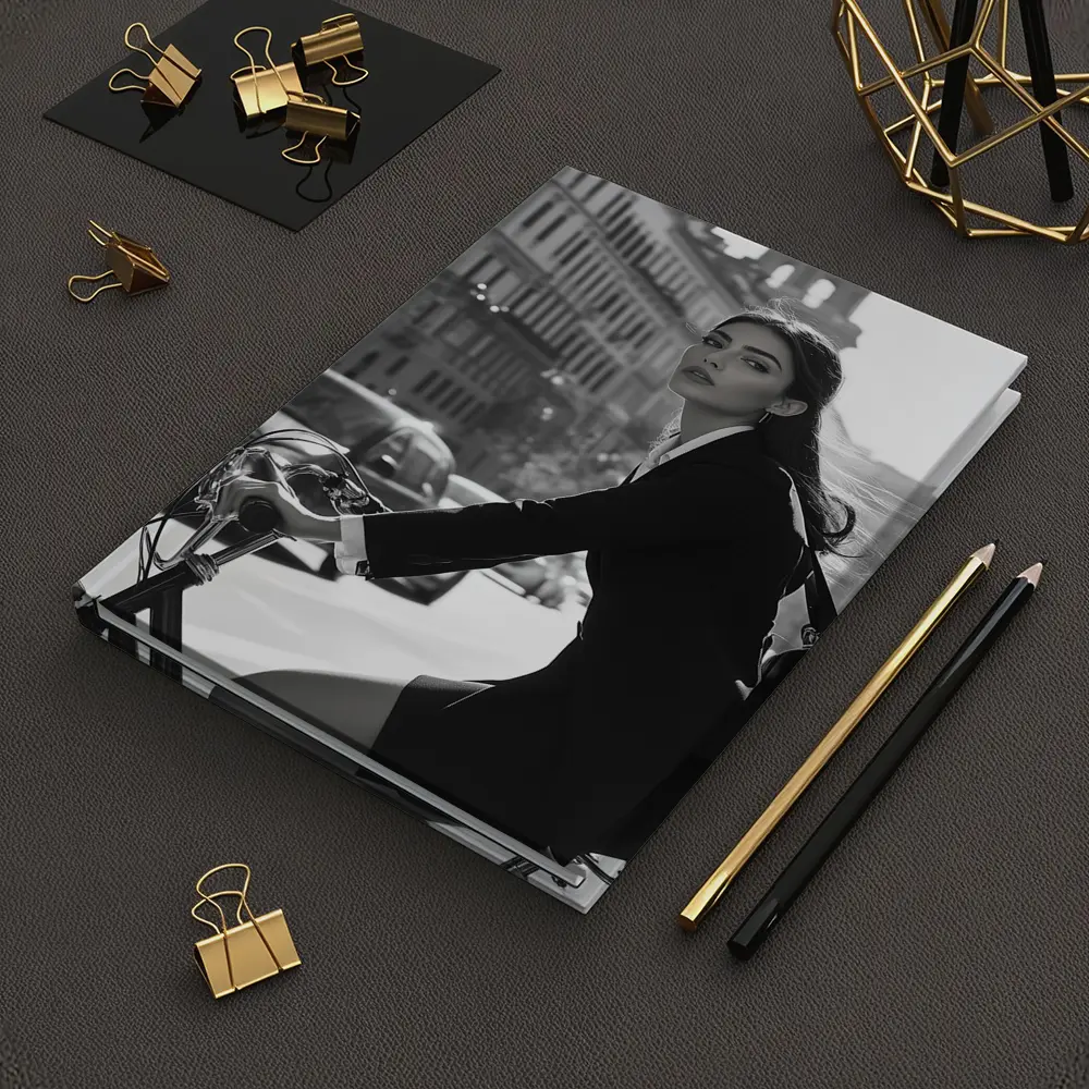 Elegant Woman Cycling Black and White City – Notebooks
