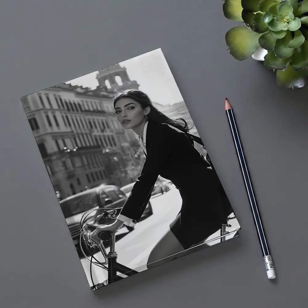 Elegant Woman Cycling Black and White City – Notebooks