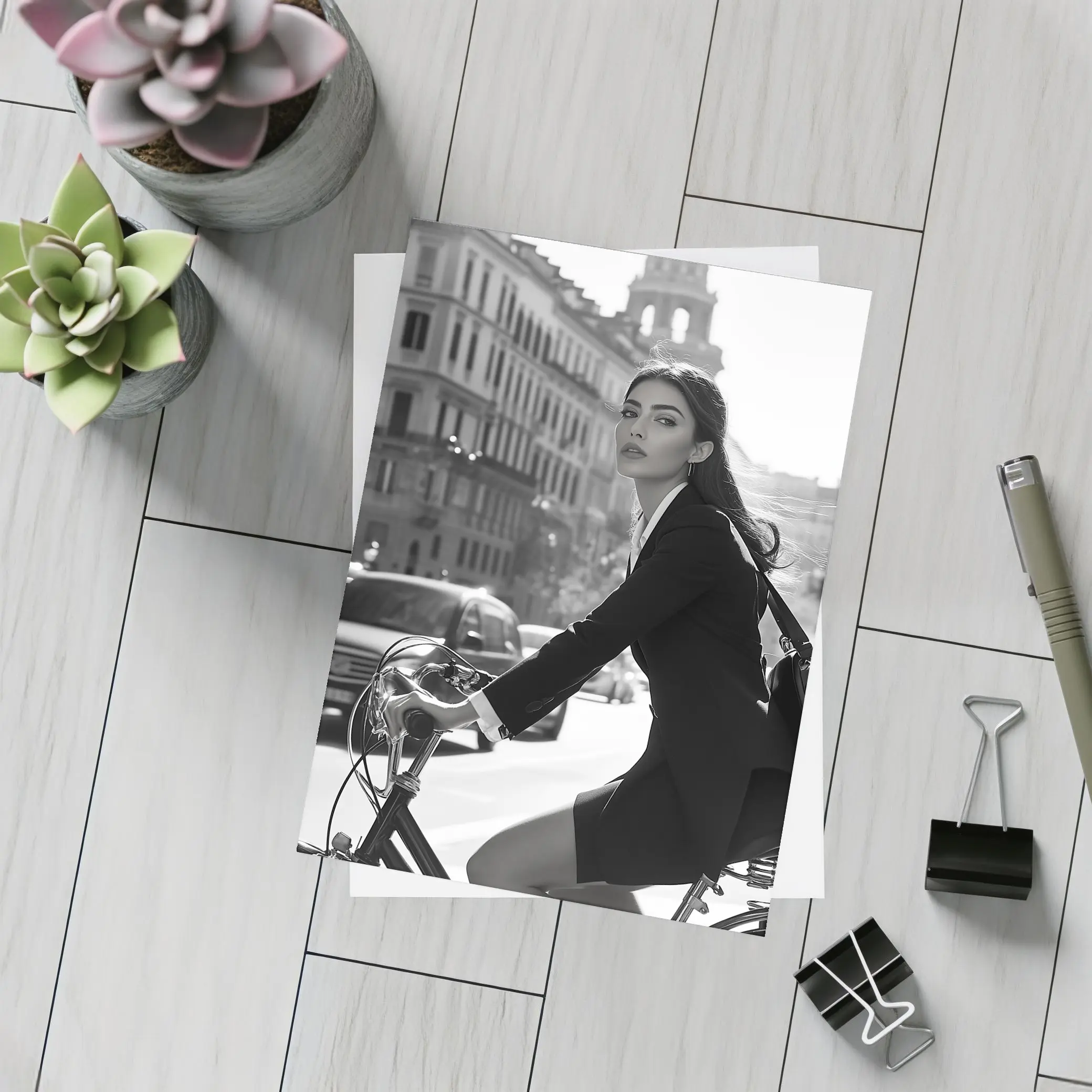 Elegant Woman Cycling Black and White City – Postcards