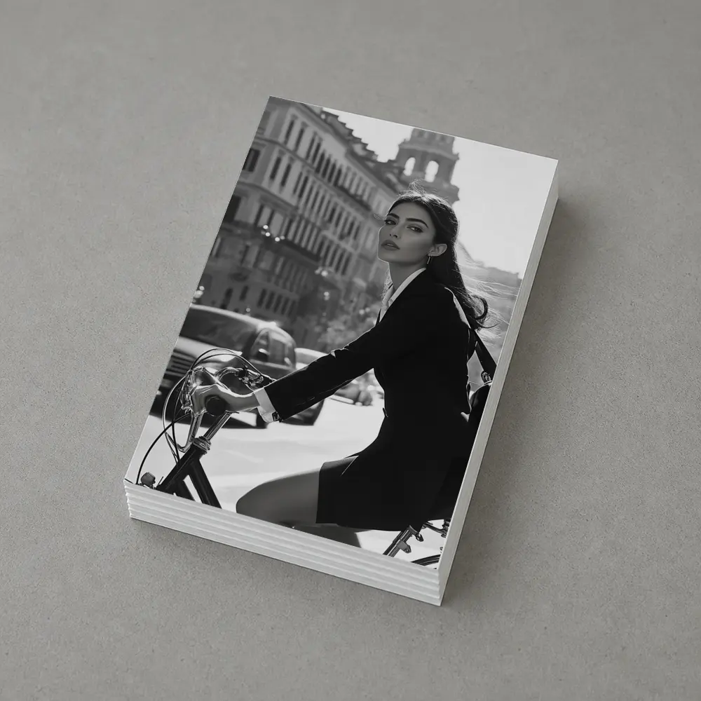 Elegant Woman Cycling Black and White City – Postcards