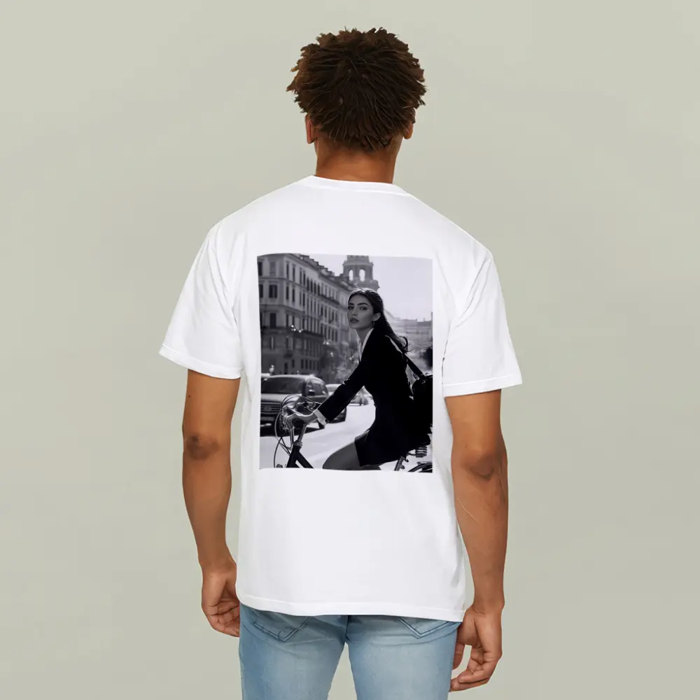 Elegant Woman Cycling Black and White City – T-Shirts